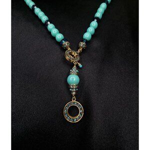 Vintage Heidi Daus Aqua & Blue Beaded Necklace With Ornate Pendant